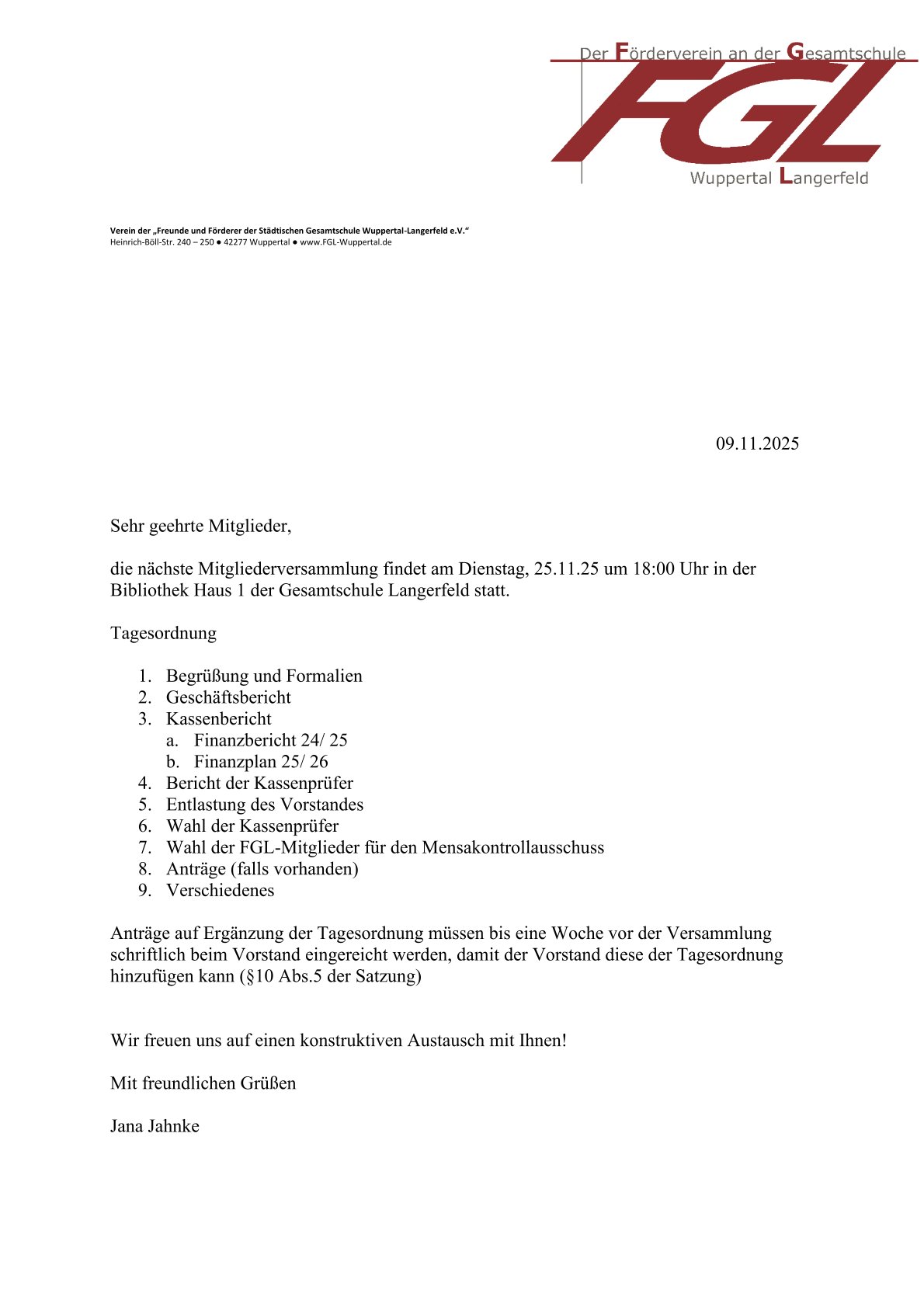 Einladung zur Mitgliederversammlung des F&ouml;rdervereins