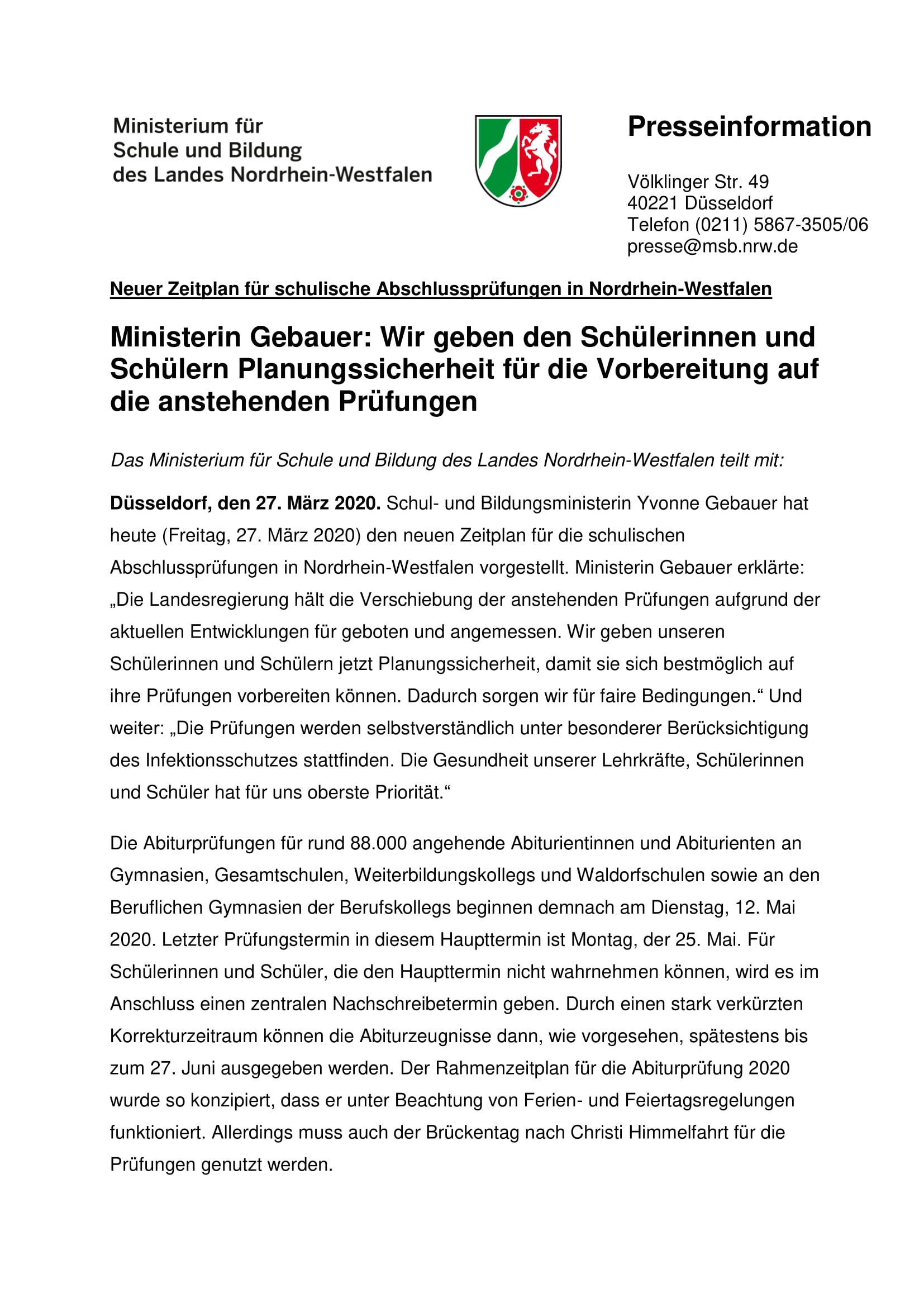 MSW: Neuer Zeitplan f&uuml;r schulische Abschlusspr&uuml;fungen in NRW