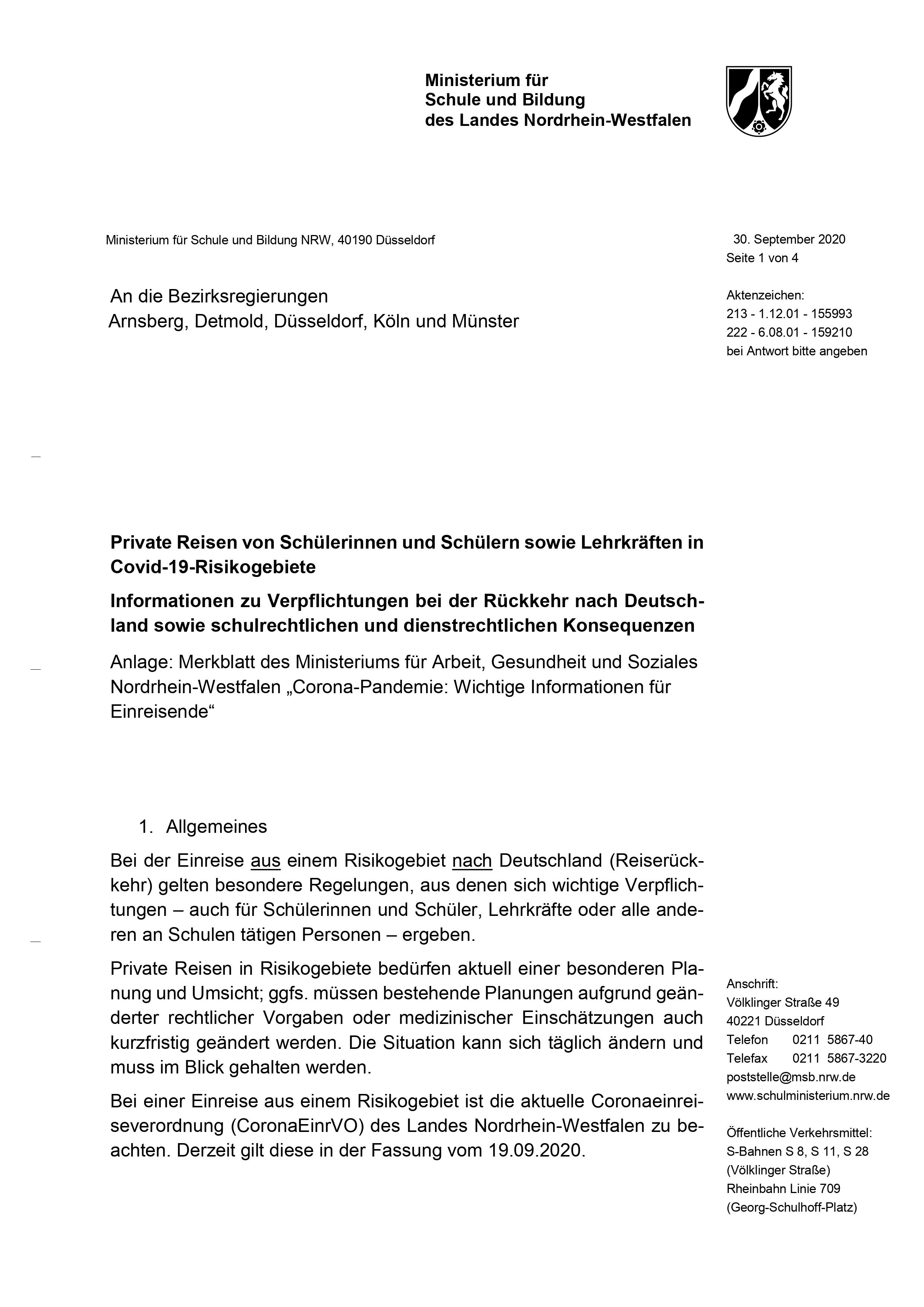 NRW &ndash; aktuelle Informationen zum 01.10.2020