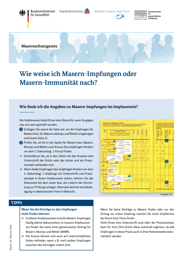 Nachweis &uuml;ber die Masernschutzimpfung